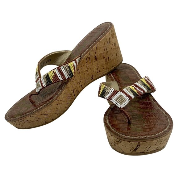 SAM EDELMAN Women 7.5 ROSA Beaded Cork Wedge Sandals Shoe Beiges Flip Flops - Picture 3 of 8